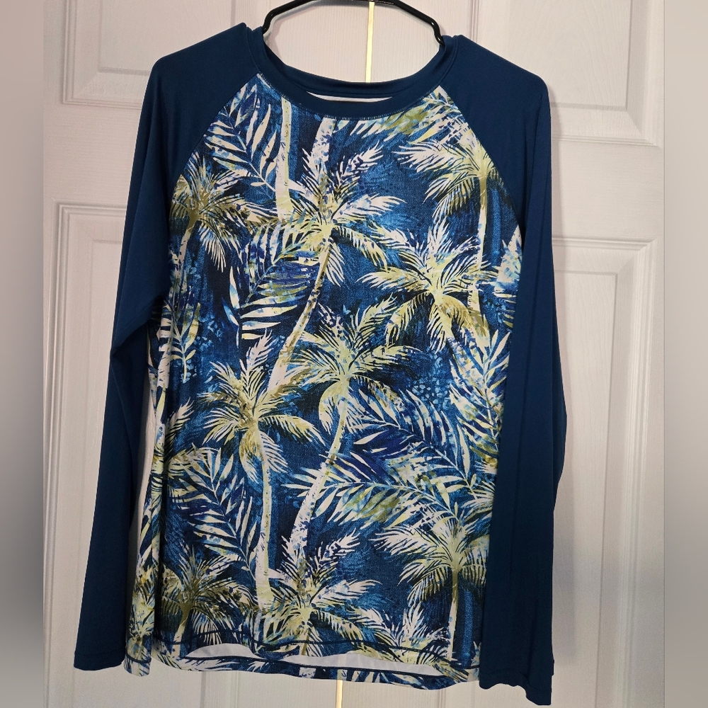 Reel Legends Blue Palm Tree Performance Long Sleeve Shirt Size XL
